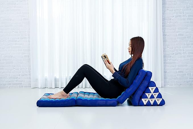 Leewadee Comfortable Japanese Floor Mattress - Thai Floor Bed with Triangle Cushion - Futon Mattress - XL Extra Long Thai Massage Mat, 89 x 20 inches, Blue, Kapok Filling