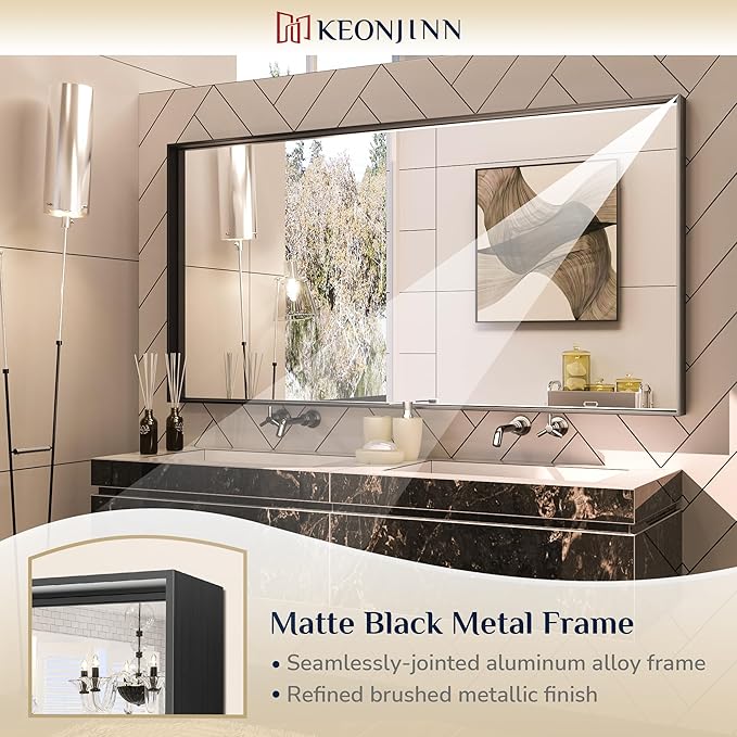 Keonjinn Black Bathroom Mirror 60 x 30 Inch, Large Matte Black Rectangular Wall Mirror for Bathroom Sink, Metal Frame Farmhouse Mirrors, Wall-Mounted Vaniy Mirrors(Horizontal/Vertical)
