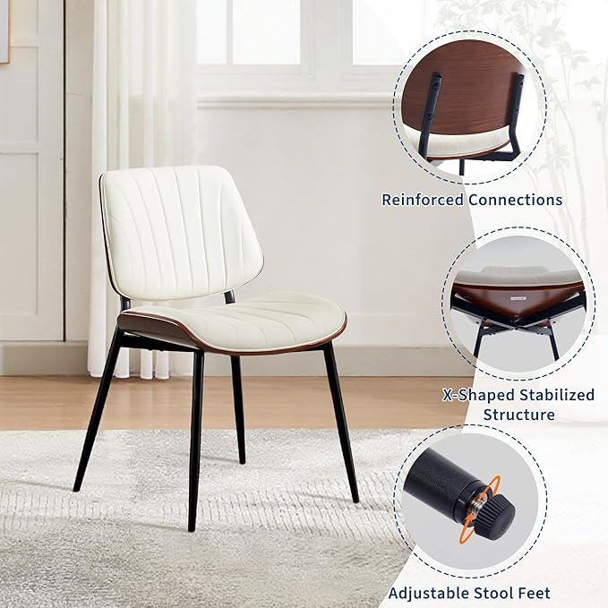 Dining Chairs Set of 2 - Mid Century Modern Upholstered Retro PU Leather Kitchen Chairs with Walnut Bentwood Back and Metal Legs for Dining Room and Kitchen, White Shell Strips