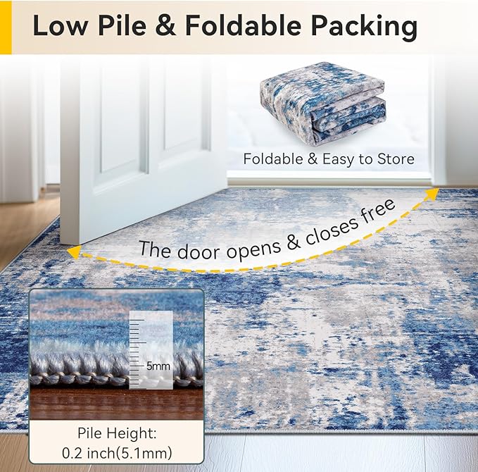 Washable Area Rugs 6ft Non-Slip Modern Abstract Soft for Living Room Entryway Bedroom Nursery, Print Pattern, Blue Grey Navy Gray