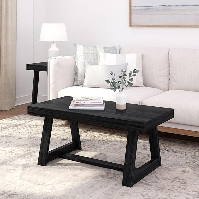 Plank+Beam Classic Rectangular Coffee Table, 40 Inch Farmhouse Coffee Table, Mini Center Tables for Small Spaces, Small Living Space Tea Table, Black Wirebrush
