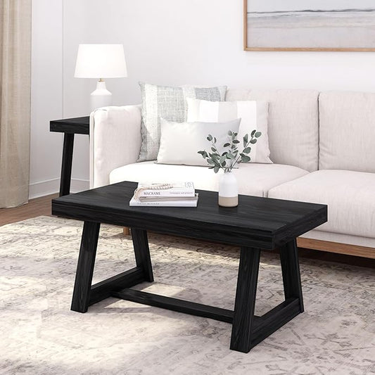 Plank+Beam Classic Rectangular Coffee Table, 40 Inch Farmhouse Coffee Table, Mini Center Tables for Small Spaces, Small Living Space Tea Table, Black Wirebrush