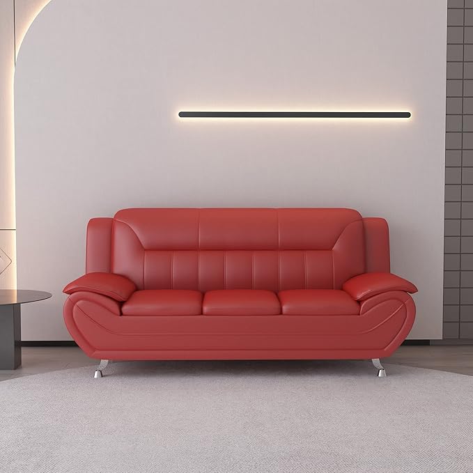 Container Furniture Direct Michael Modern Faux Leather Upholstered Stainless Steel Legs Living Room Sofa, Chair, Persian Red
