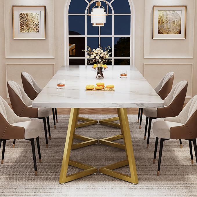 Tribesigns Square Dining Table for 8, 31.5" Modern Dinner Table with Metal Base, Kitchen Table for Dining Room, Small Space, Apartment, White & Gold