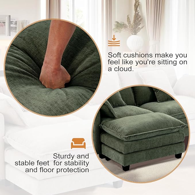 Furniliving 112‘’ L-Shaped Sofa, Luxury Chenille Modular Sectional Couches with Ottoman, Upholstered Deep Seat Sleeper Sofa with Memory Foam and Waist Pillows, Green
