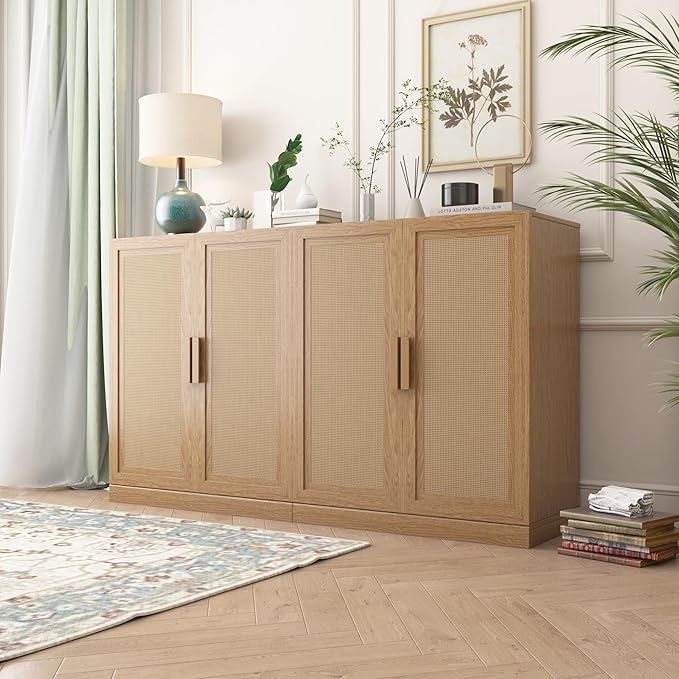 Buffet Cabinet, 4-Doors Sideboard Cabinet with Rattan Panels, Buffet Console Accent Table for Hallway Entryway Dining Room, 72", Oak