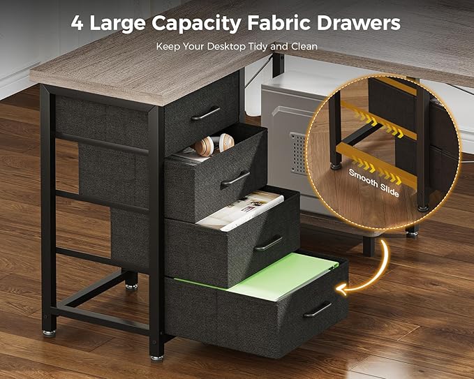 AODK L Shaped Desk with 4 Tier Drawers, 53" Reversible Gaming Desk with Power Outlets, L Shaped Computer Desk with USB Charging Port and Host Stand, Home Office Corner Desk, Easy to Assemble, Grey Oak