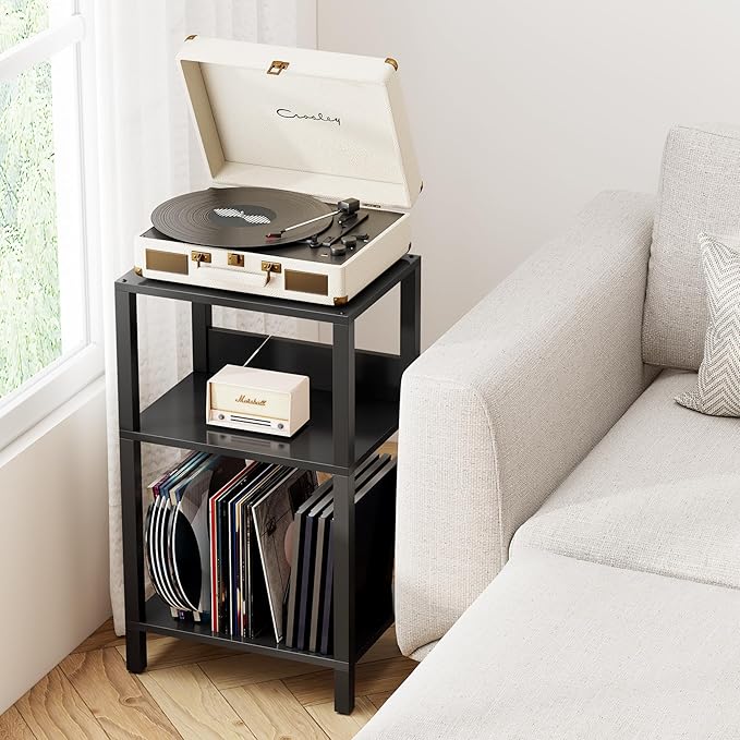 TUTOTAK Record Player Stand with Storage Up to 100 Albums,Record Storage Table,3 Tier End Table,Side Table for Living Room, Bedroom, Black TB01BK075