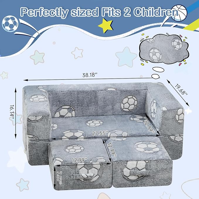 Lamerge Toddler Couch Glow in The Dark Toddler Fold Out Couch for playroom, Convertible Baby Fold Out Play Foam and Floor Cushion for Bedroom (Grey+Football)