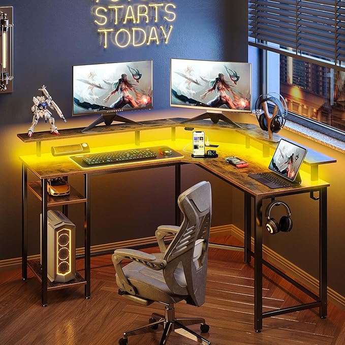 Rolanstar L Shaped Gaming Desk with LED Lights & Power Outlets, 46.2" Computer Desk with Full Monitor Stand & Storage Shelf, Corner Desk with Hooks, Rustic Brown Desk Reversible
