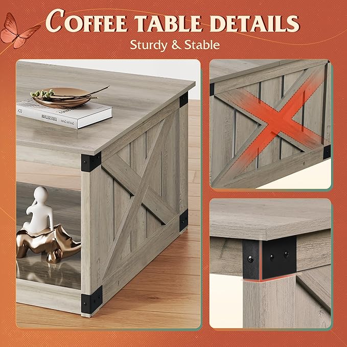 WLIVE Coffee Table, Farmhouse Coffee Table with Open Storage, 31.5" Wood Square Living Room Tables, Rustic Dining Cocktail Center Table for Living Room, Greige