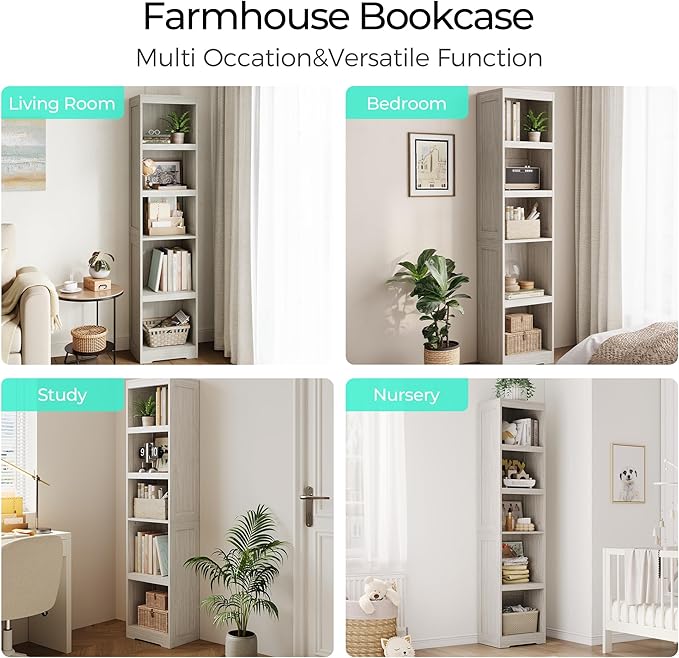 LINSY HOME 5-Shelf Bookcase, Narrow Bookshelves Floor Standing Display Storage Shelves 68 in Tall Bookcase Home Decor Furniture for Home Office, Living Room, Bed Room - White Oak