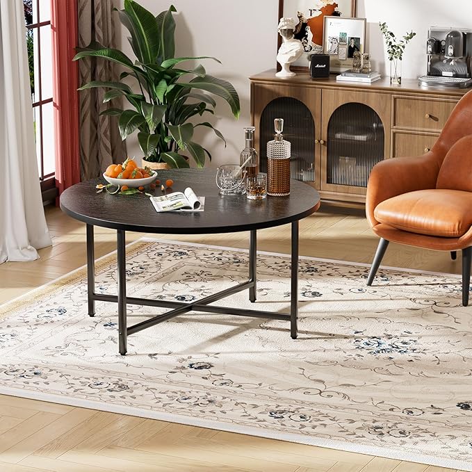 Round Coffee Table, Modern Design Living Room Tables for Indoor & Outdoor, Black Coffee Table for Family & Office Use, Outdoor Coffee Table Round, Large Black (31.5" D x 17.7" H)