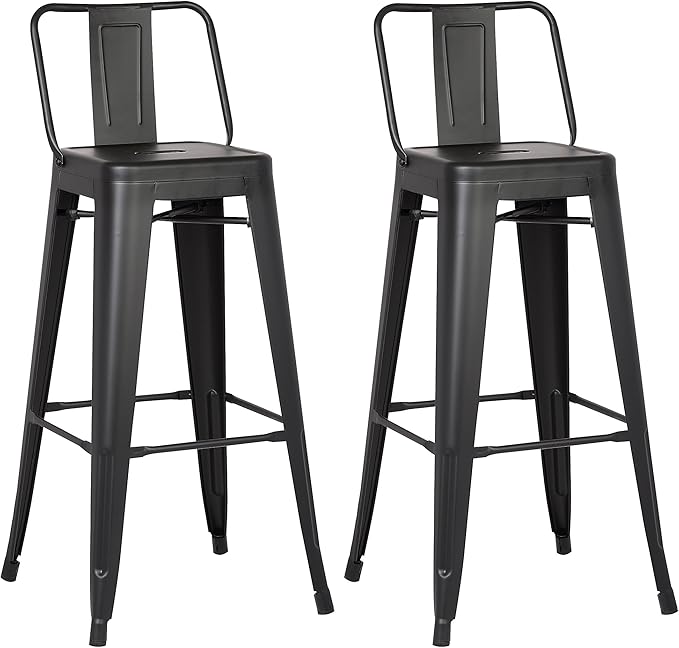 AC Pacific 30” Metal Barstool Set of 2 – Country Rustic Style with Low Back, Lightweight & Sturdy Build, Easy Assembly – Midnight Matte Finish