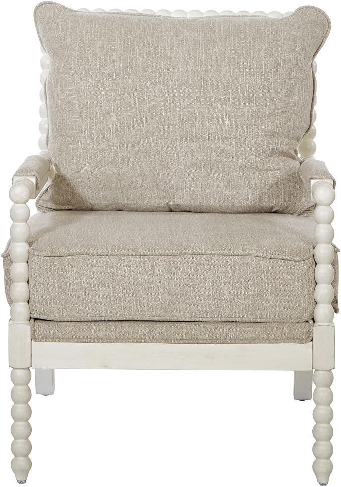 OSP Home Furnishings Kaylee Spindle Accent Chair with Antique White Wood Frame, Beige Linen Fabric