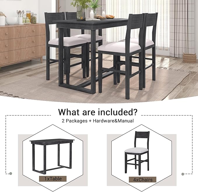 Merax Farmhouse Counter Height 5-Piece Dining Set with 1 Rectangular Table and 4 Upholstered Chairs for Small Places, Family Kitchen Furniture, Gray