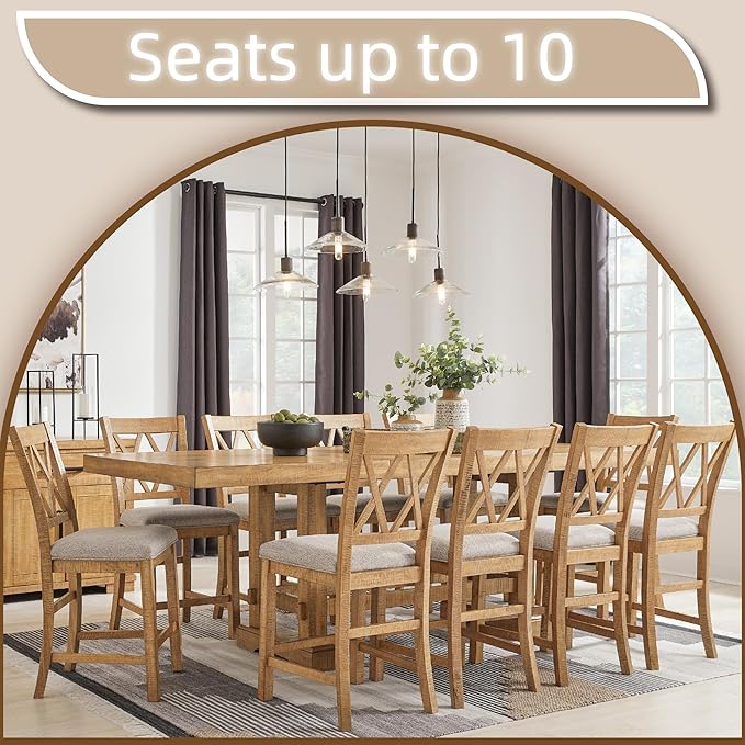 Signature Design by Ashley Havonplane Rustic Distressed Counter Height Dining Extension Table with Removable Center Leaf and Double Trestle Base, Light Brown
