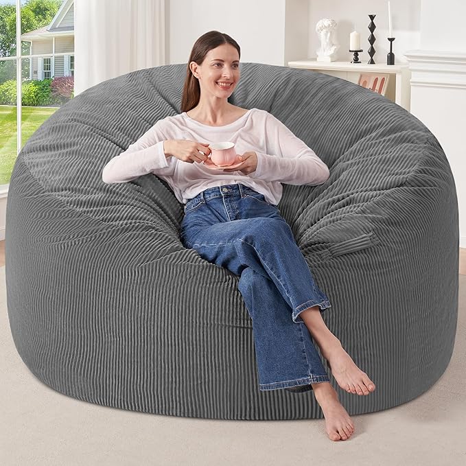 HABUTWAY 6FT Bean Bag Chair,Giant Bean Bag Chairs for Adults,Big Bean Bags with Memory Foam Filled, Large Beanbag Chairs with Soft Corduroy Cover-Grey