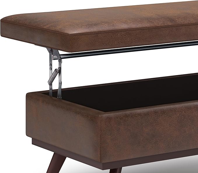 SIMPLIHOME Owen 42 inch Wide Mid Century Modern Rectangle Lift Top Large Coffee Table Storage Ottoman in Distressed Chestnut Brown Vegan Faux Leather, Assembled, For the Living Room