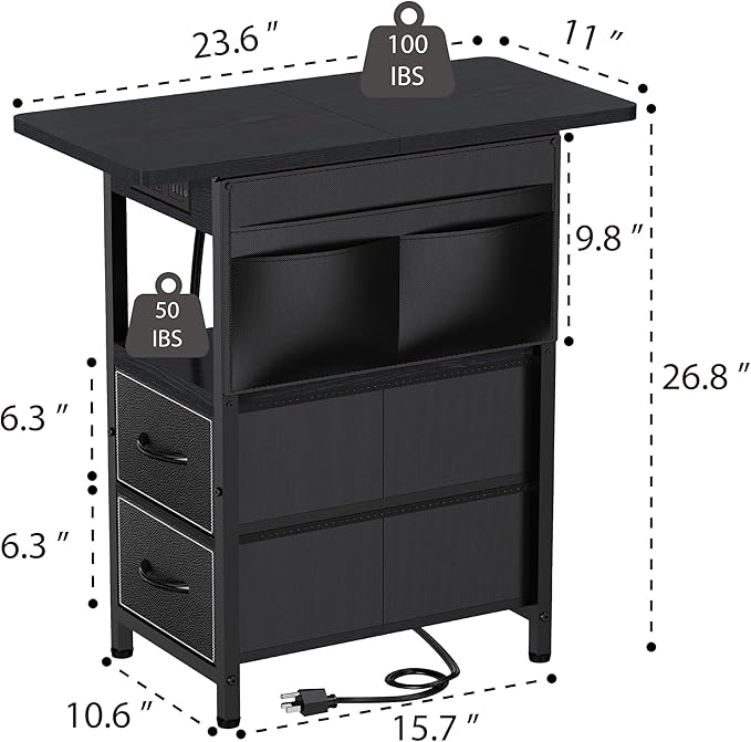 Small Side Table with Charging Station, Narrow Nightstand Bedside Tables with Storage Pocket for Living Room Bedroom, Sofa End Table with USB Ports and Power Outlets for Small Spaces