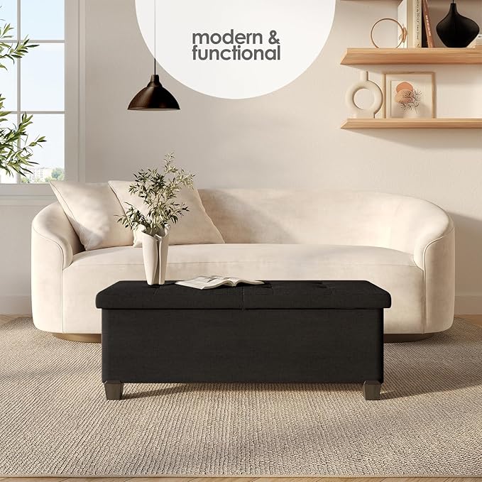 STORAGEBUD Storage Ottoman Bench with Bins, 43-in Storage Bench for Bedroom End of Bed, Folding Foot Rest Ottoman for Living Room Max 660lbs, Fabric Ottomans, Black