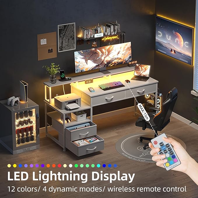 53" Computer Desk with 4 Drawers & Power Outlets, Reversible Home Office Desk with Monitor Stand & Printer Stand, Gaming Desk with Led Lights, Study Writing Work Desk Table for Bedroom (White)