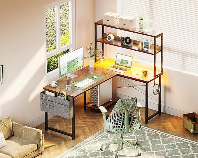 Casaottima Gaming Desk with Power Outlets & LED Lights, 43 Inch Reversible L Shaped Computer Desk with Shelves & Storage Bag, Corner Desk for Home Office, Vintage