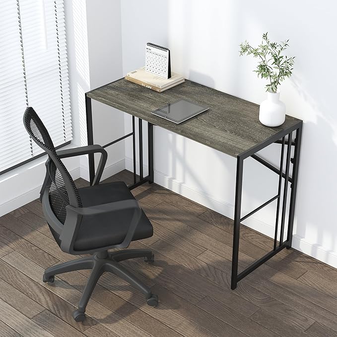 35 inch Narrow Folding Desk, Writing Gaming Computer Camping Desk for Small Spaces, No Assembly Required Home Office Table, Black Oak