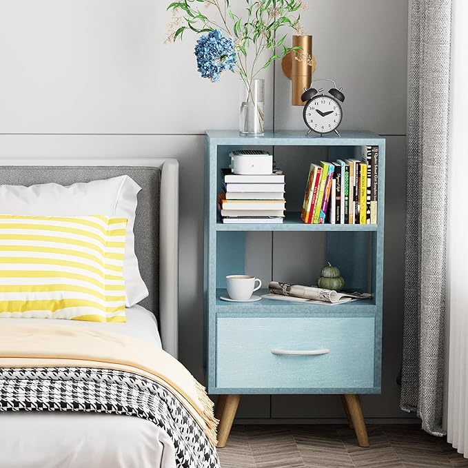 Night Stand, Blue Kids Nightstand with Drawer, Nursery Side Table with Open Storage, 3-Tier Modern End Table, Bedside Table for Small Space, Living Room, Bedroom