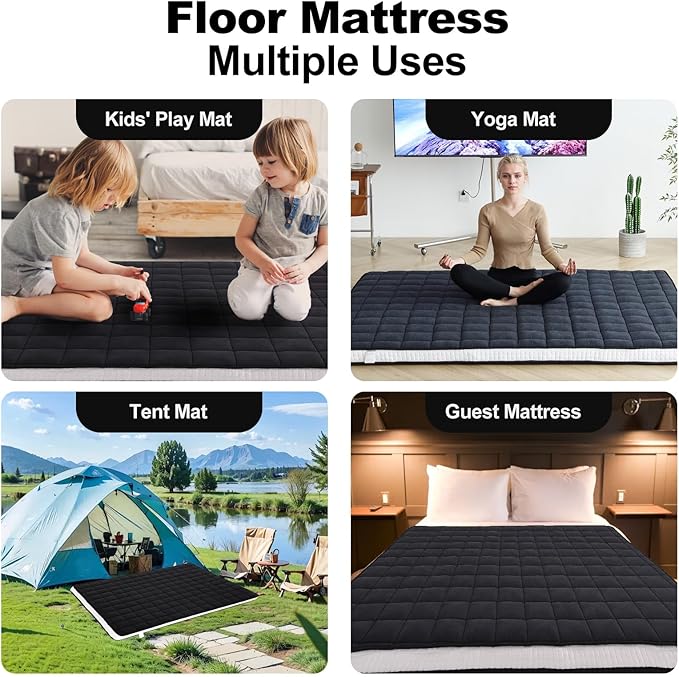 Tiita Japanese Floor Mattress, 4” Thicken Futon Mattress with Storage Bag and 2 Straps，Queen Size Sleeping Tatami Mat for Adults，Black