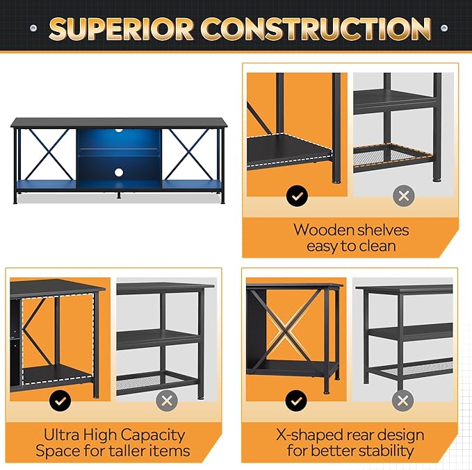 WLIVE TV Stand up to 65 Inch TV, 55" Entertainment Center with LED, Industrial TV Console with Glass Shelf for Living Room and Bedroom, Black