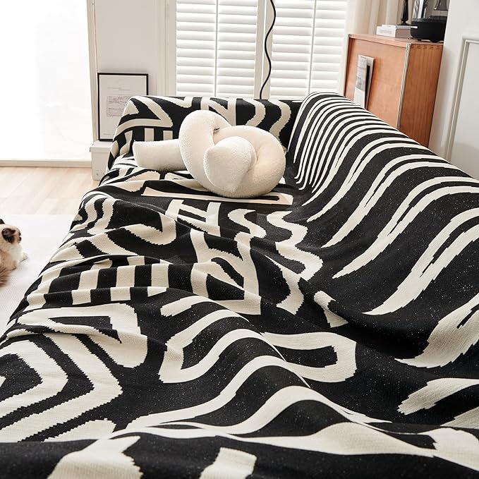 STACYPIK Reversible Boho Couch Cover Ivory Black Futon Armchair Slipcovecrs Anti-Slip Sofa Cover for Dogs Cats Geometric Triangle Couch Cover Versatile Furniture Protector for 2 Cushion Couch-71X102IN