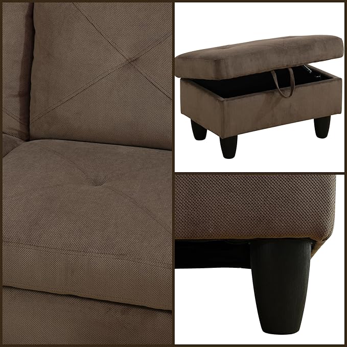 L Shaped Sectional Couches, Modern Modular Sectional Sofa for Living Room Bedroom Furniture, Comfy 4 Seat Couch with Ottoman Storage & Chaise, Brown