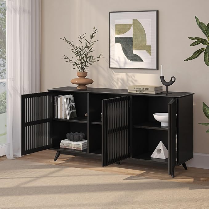 Plank+Beam Mid-Century Modern Wood TV Stand, Three Door Solid Wood Entertainment Console with Storage, 59" L x 16" W x 30" H, Black