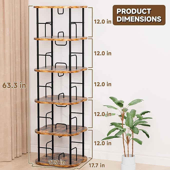 5-Tier Rotating Book Shelf, 360° Display Spinning Bookshelf Tower, Book Organizer, Floor Standing Bookcases for Small Space, Corner Book Shelf for Bedroom, Living Room, Study Room (RUSTIC BROWN)