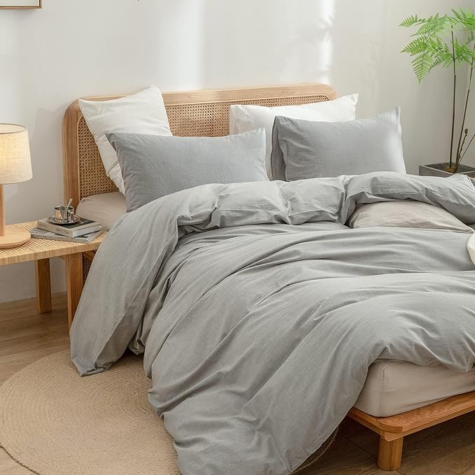 BESTOUCH Duvet Cover Set 100% Washed Cotton Linen Feel Super Soft Comfortable Chic Lightweight 3 PCs Home Bedding Set Solid Light Grey Super King Plus