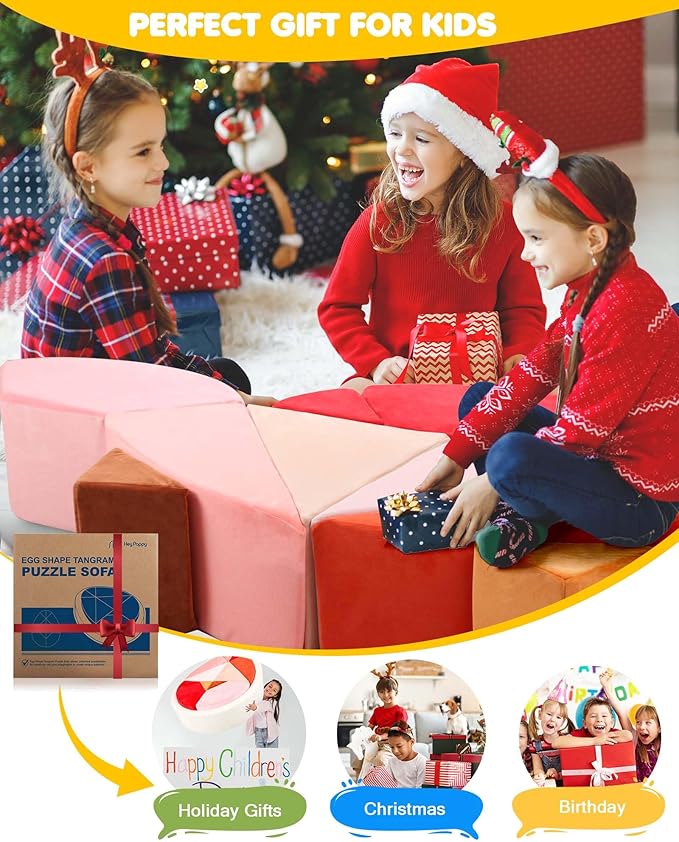 Kids Play Couch, 2-in-1 Egg-Shape Kid Plays Sofa with Unique Ball Pit(no Balls Included), Tangram Puzzle Play Couch for Playroom, Modular Play Couchs for Inspiring Creativity, Glow