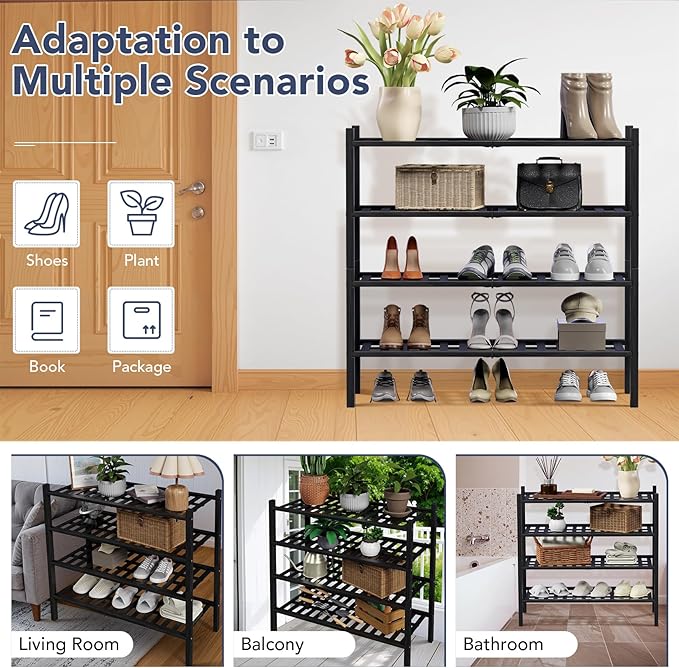 Haddockway 4 Tier Bamboo Shoe Rack Storage Organizer, Multifunctional Free Standing Stackable Shoe Shelf with Grid Panel for Closet,Hallway,Entryway,Small Space 27"x11"x26" (Black, 4 Tier)