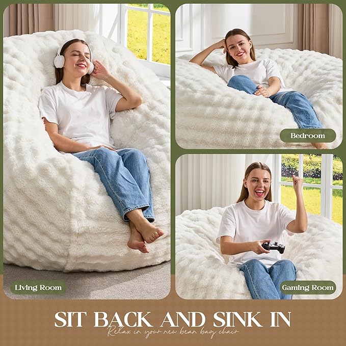 Hobestluk Bean Bag Chairs 5ft Beanbag Chair with Filler Adult Bean Bags with Fluffy & Machine Washable Cover, Giant Bean Bag Chairs for Adults (White, 5FT-50" x 50" x 24")