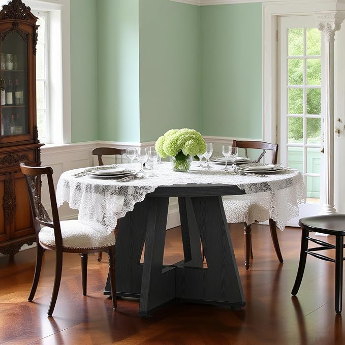47" Round Dining Table for 4-6, Modern Dinner Table Farmhouse Round Small Kitchen Tables with Wooden Cross Base for Dining Room, Kitchen, Living Room, Black