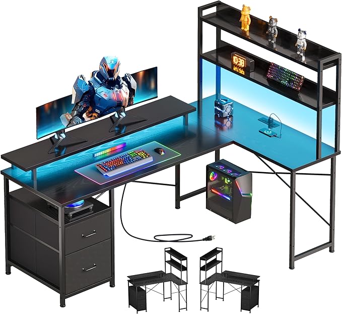 L Shaped Gaming Desk with Shelves,Reversible Computer Gaming Desk with LED Lights and Charging Station,Home Office Corner Desk with Monitor Stand,Black