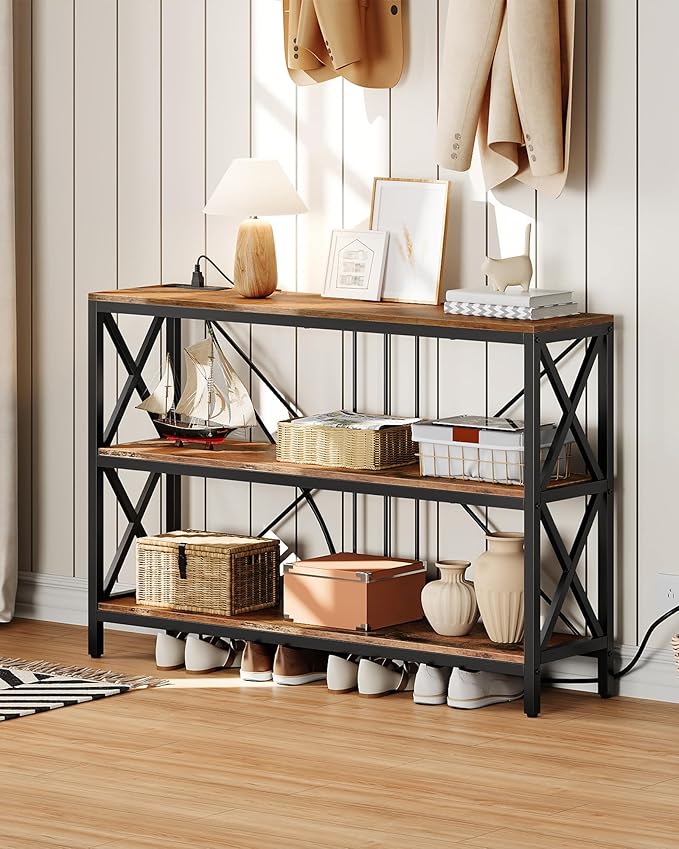 47.2" Console Table with Charging Station, 3-Tier Entryway Table, Industrial Sofa Desk, Hallway Desk with 2 AC Outlets and 2 USB Ports Metal Frame, Rustic Brown and Black TXG01UBF