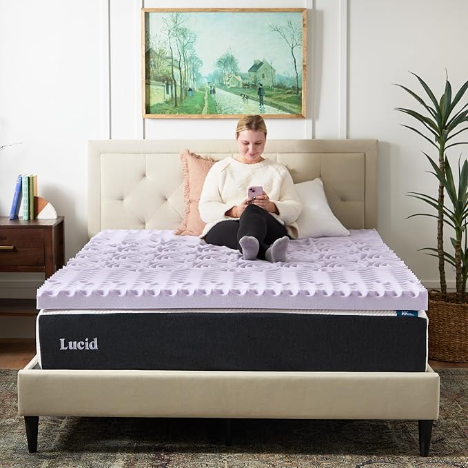 Lucid Lavender Infused 3 Inch Memory Foam Mattress Topper - California King Size - Plush Feel - 5 Convoluted Zones - CertiPUR Certified - New Home Owner & Dorm Room Essentials