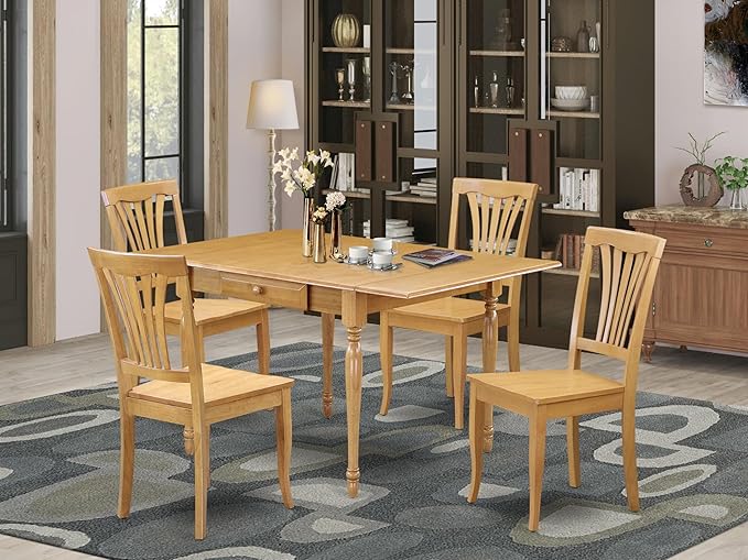 East West Furniture MZAV5-OAK-W 5 Piece Dining Set Includes a Rectangle Dining Room Table with Dropleaf and 4 Wood Seat Chairs, 36x54 Inch, Oak