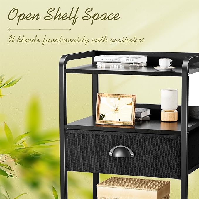 Night Stand Nightstand with 1 Drawer Black Nightstands Storage Night Stands Fabric Drawers Small Bedside Table Mesh Shelves Bed Side End Tables Chests Cabinet for Bedroom Living Room Dorm Furniture