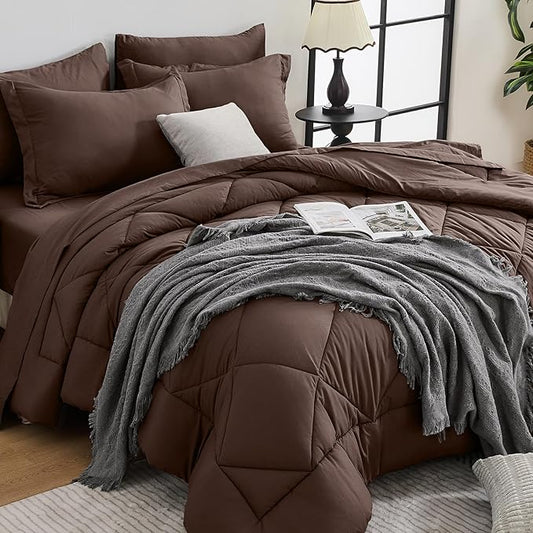 HEVUMYI Brown Twin-XL Comforter Set - 5-Piece All Season Bed in a Bag Twin-XL, Ultra Soft Bedding Set with Comforter, Flat Sheet, Fitted Sheet, Pillowcases, Pillow Shams