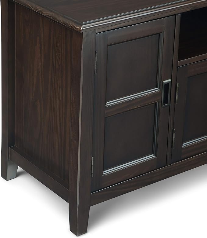 SIMPLIHOME Burlington SOLID WOOD 72 inch Wide Transitional TV Media Stand in Mahogany Brown For TVs up to 80 inches for the Living Room and Entertainment Center
