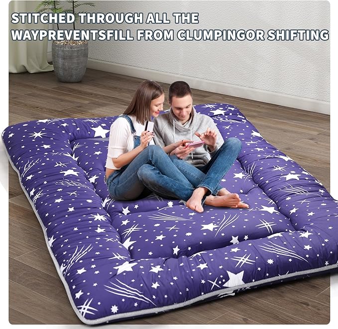Japanese Floor Mattress,4" Thicken Japanese Floor Sleeping Pad Foldable,Futon Mattress Suitable for Camping and Guest Room (Blue, Queen (80" X 60"))
