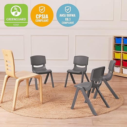 ECR4Kids 12in Plastic School Stack Chair, Classroom Furniture, Grey, 4-Pack