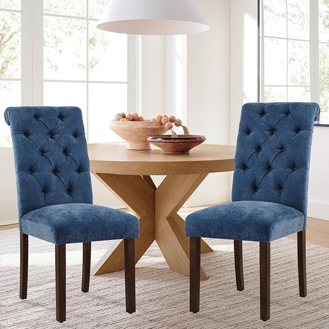 COLAMY Button Tufted Dining Chairs Set of 6, Parsons Upholstered Fabric Dining Room Chairs Kitchen Chairs with Wood Legs and Padded Seat, Blue